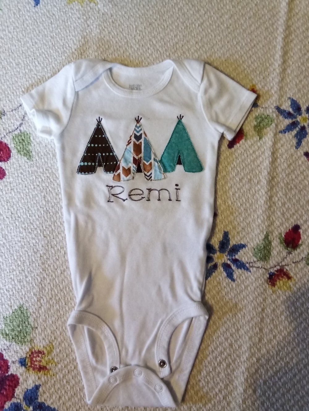Carter's White Baby One-Piece with Teal and Brown Teepee Applique